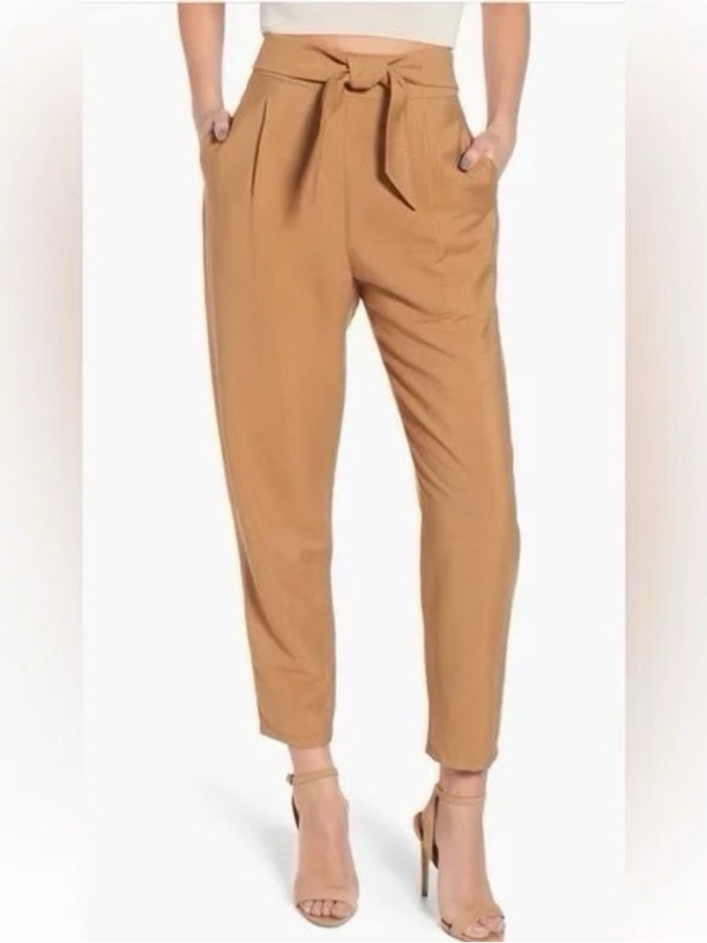 Nordstrom Leith Medium Camel Brown High-Rise Belted Pleated Tawny Ankle Pants